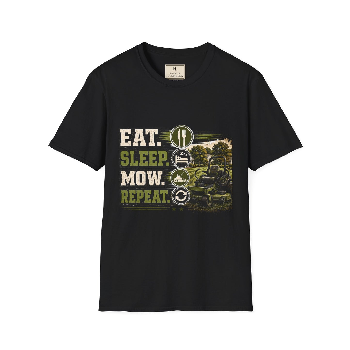 Eat Sleep Mow Repeat Lawn Care Shirt product mockup, view 3