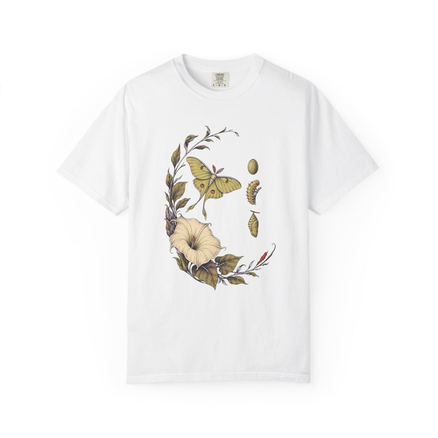 Night Pollinator Botanical Moth Shirt product mockup, view 1
