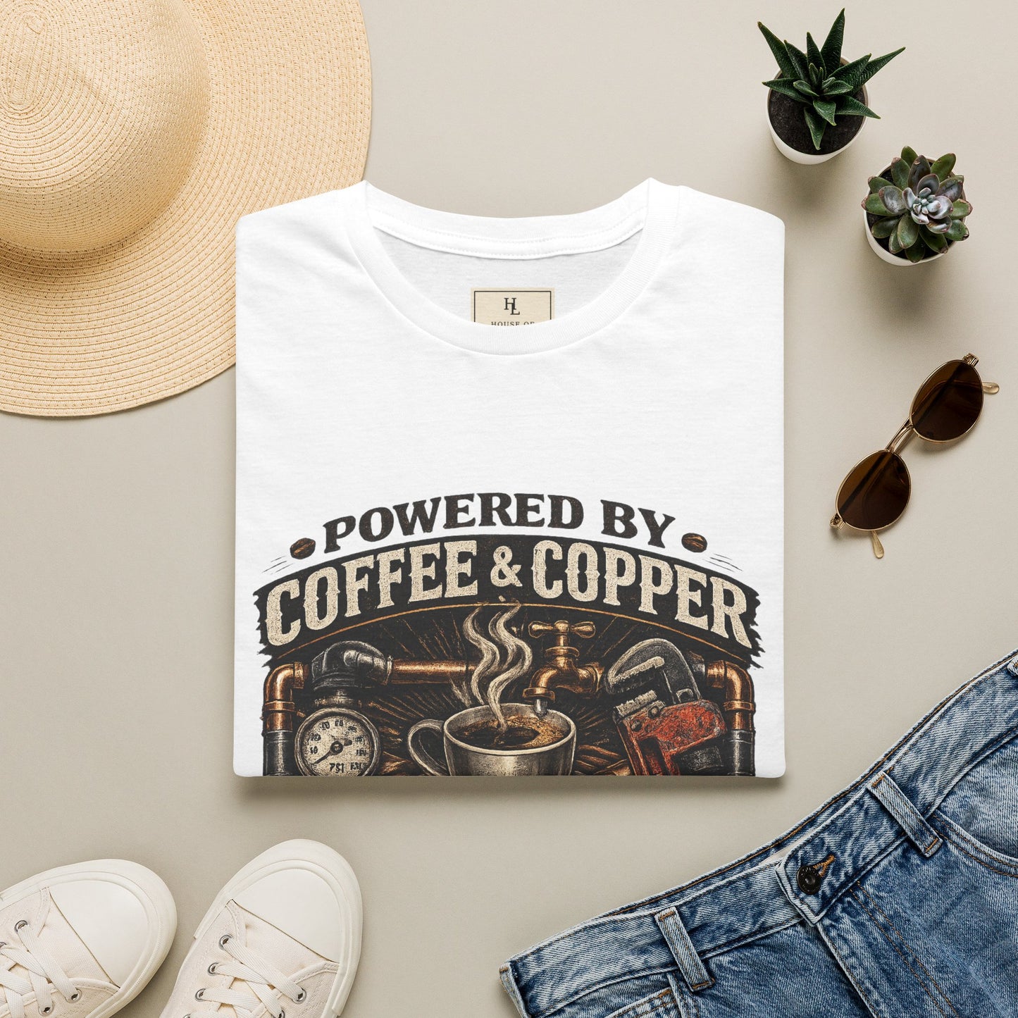 Powered by Coffee and Copper Plumber Shirt product mockup, view 8