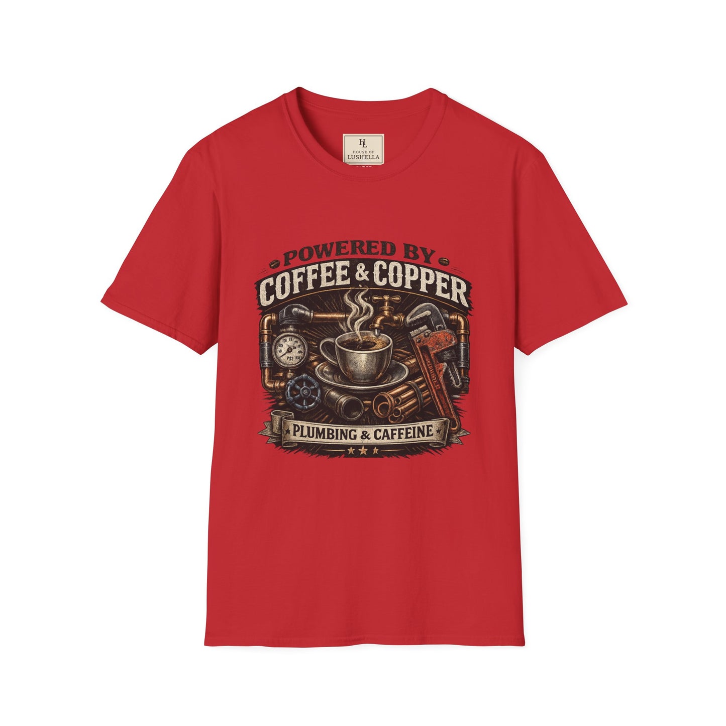 Powered by Coffee and Copper Plumber Shirt product mockup, view 6
