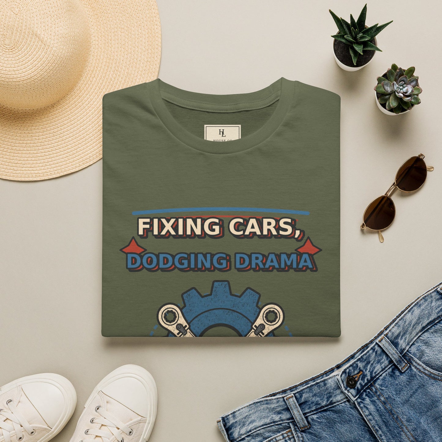 Fixing Cars Dodging Drama Mechanic Shirt product mockup, view 14