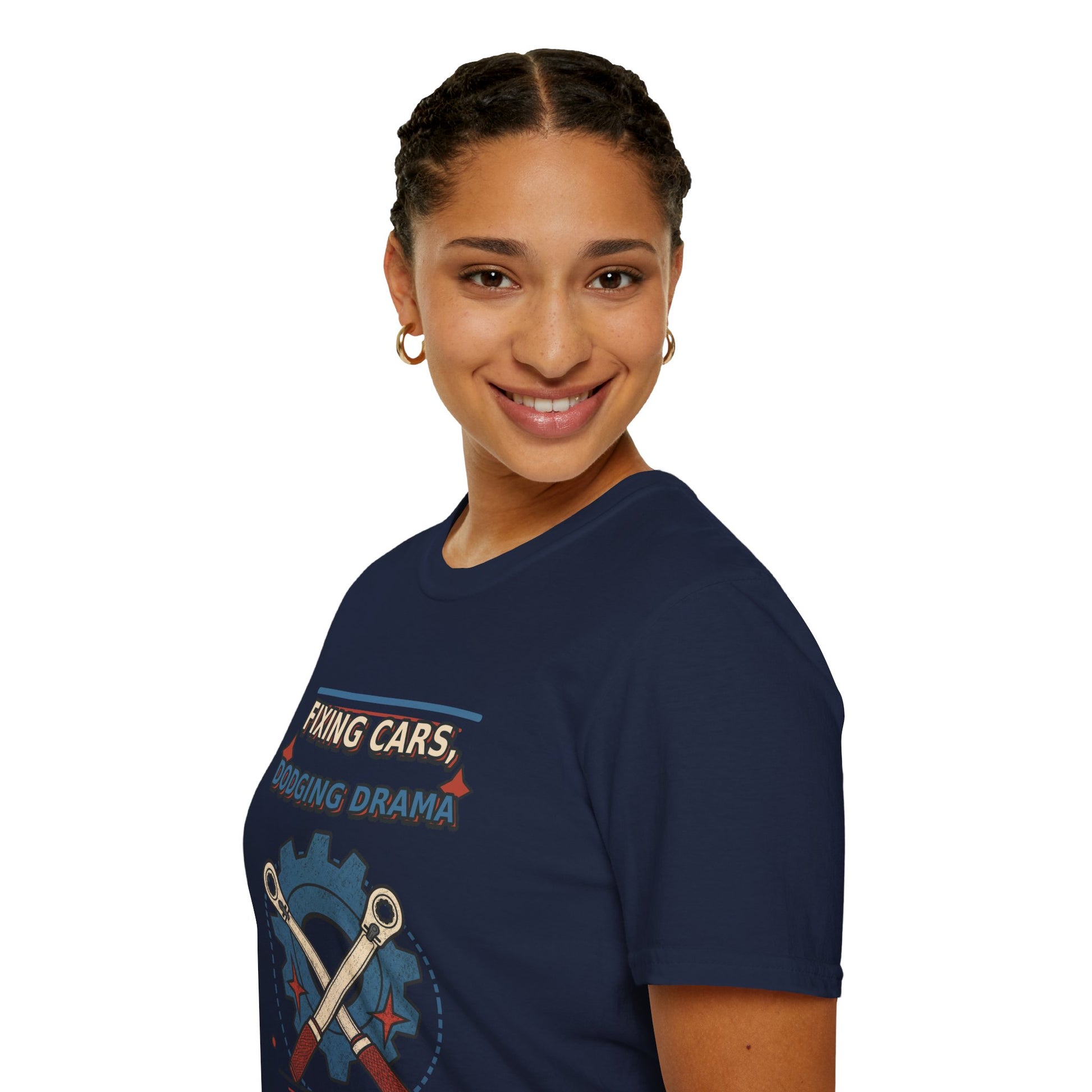 Fixing Cars Dodging Drama Mechanic Shirt product mockup, view 20