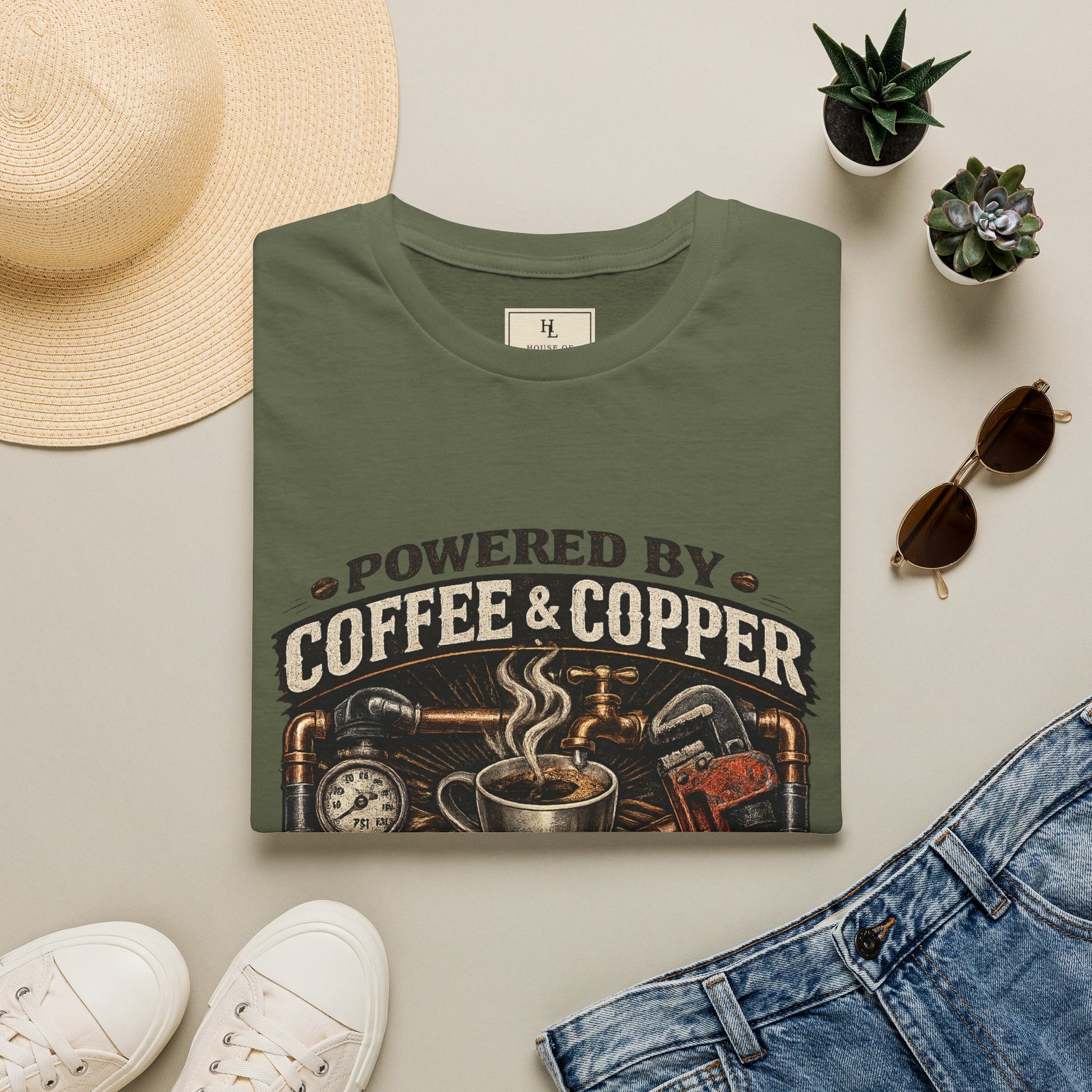 Powered by Coffee and Copper Plumber Shirt product mockup, view 14
