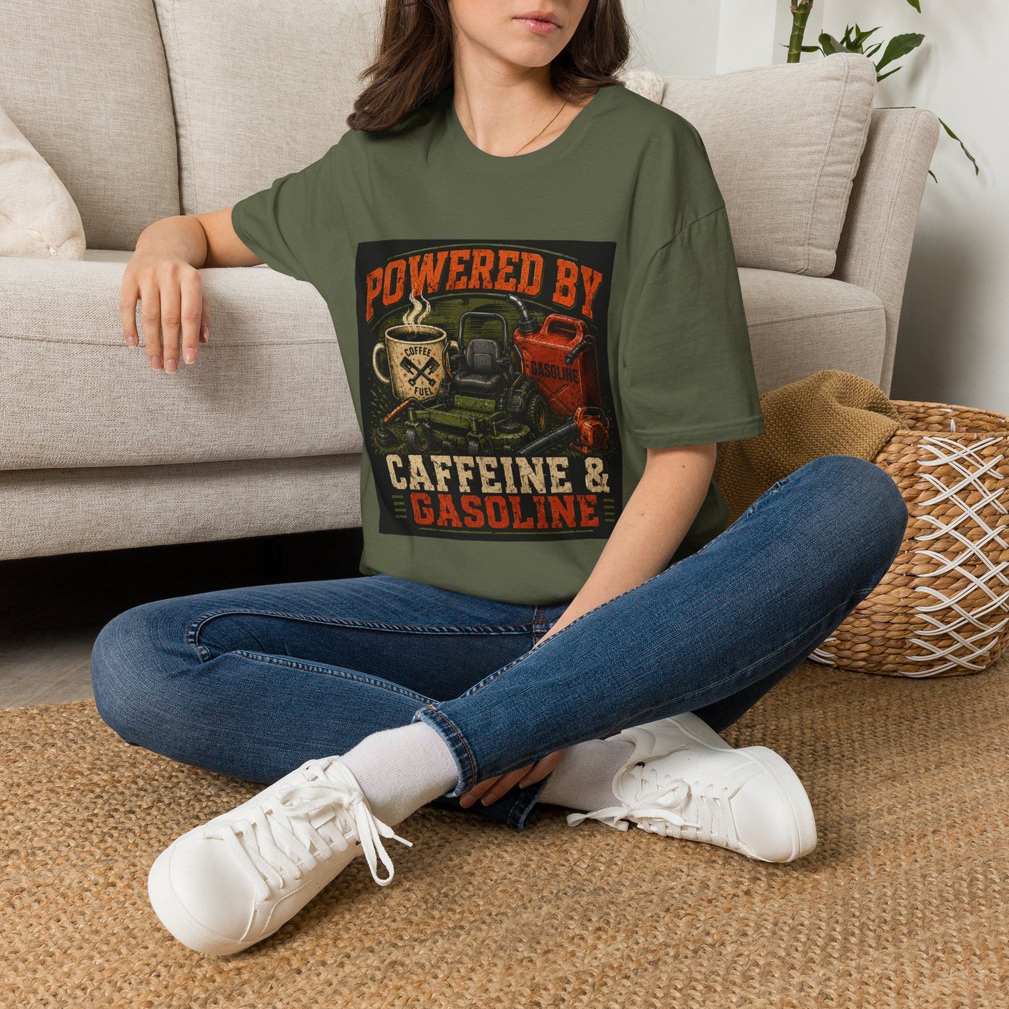 Powered by Caffeine and Gasoline Lawn Care Shirt product mockup, view 10
