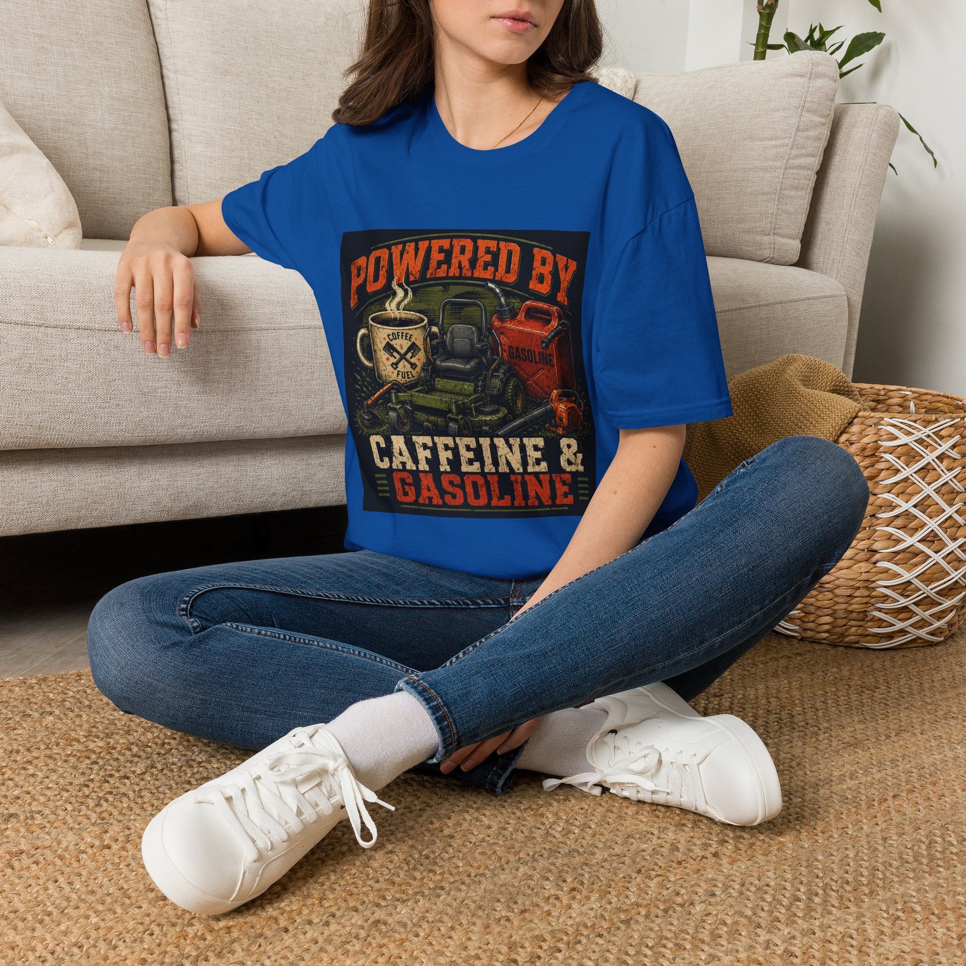 Powered by Caffeine and Gasoline Lawn Care Shirt product mockup, view 12