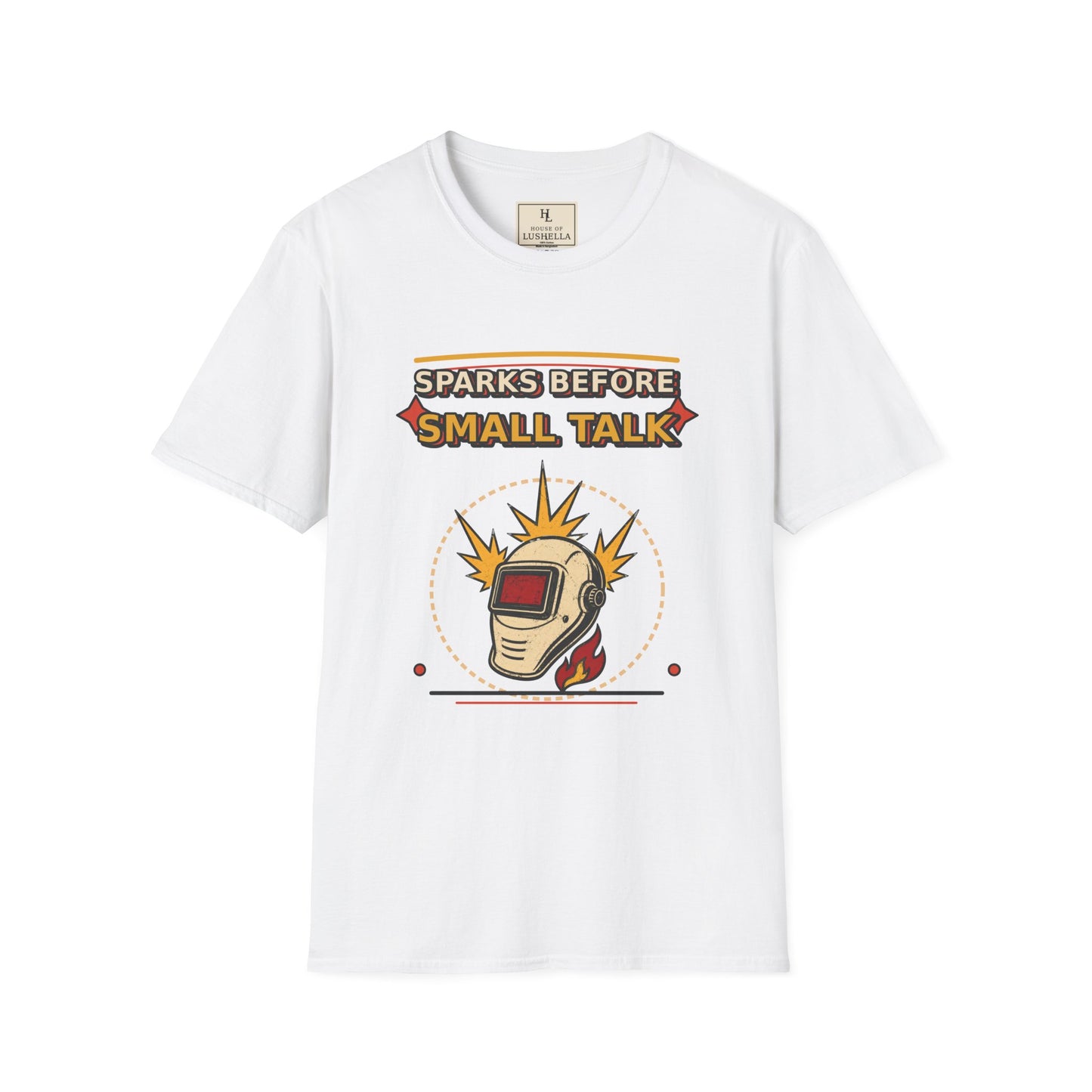 Sparks Before Small Talk Welder Shirt product mockup, view 1