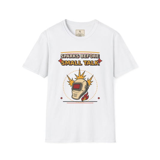 Sparks Before Small Talk Welder Shirt product mockup, view 1
