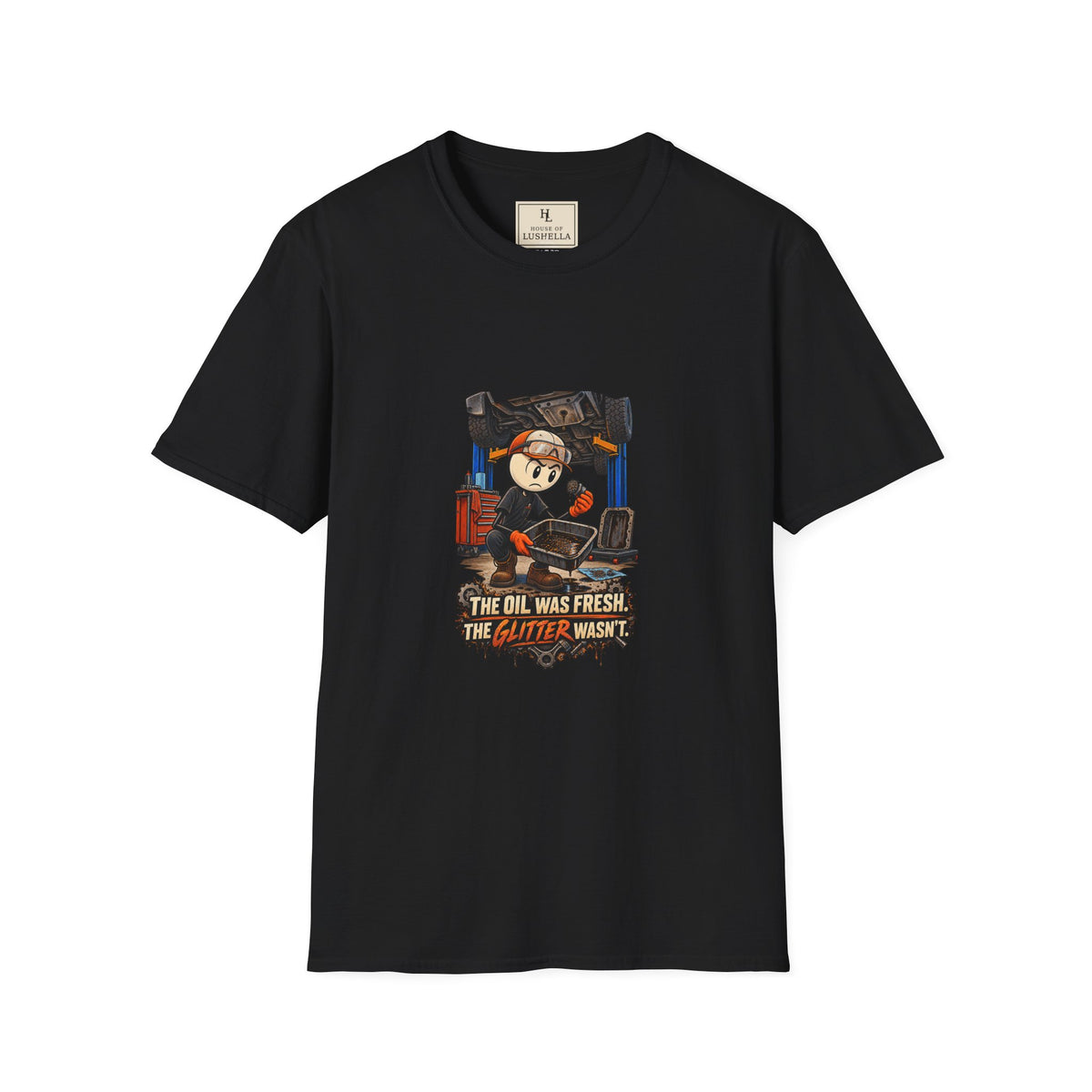 Fresh Oil, Unexpected Glitter | Funny Mechanic T-Shirt product mockup