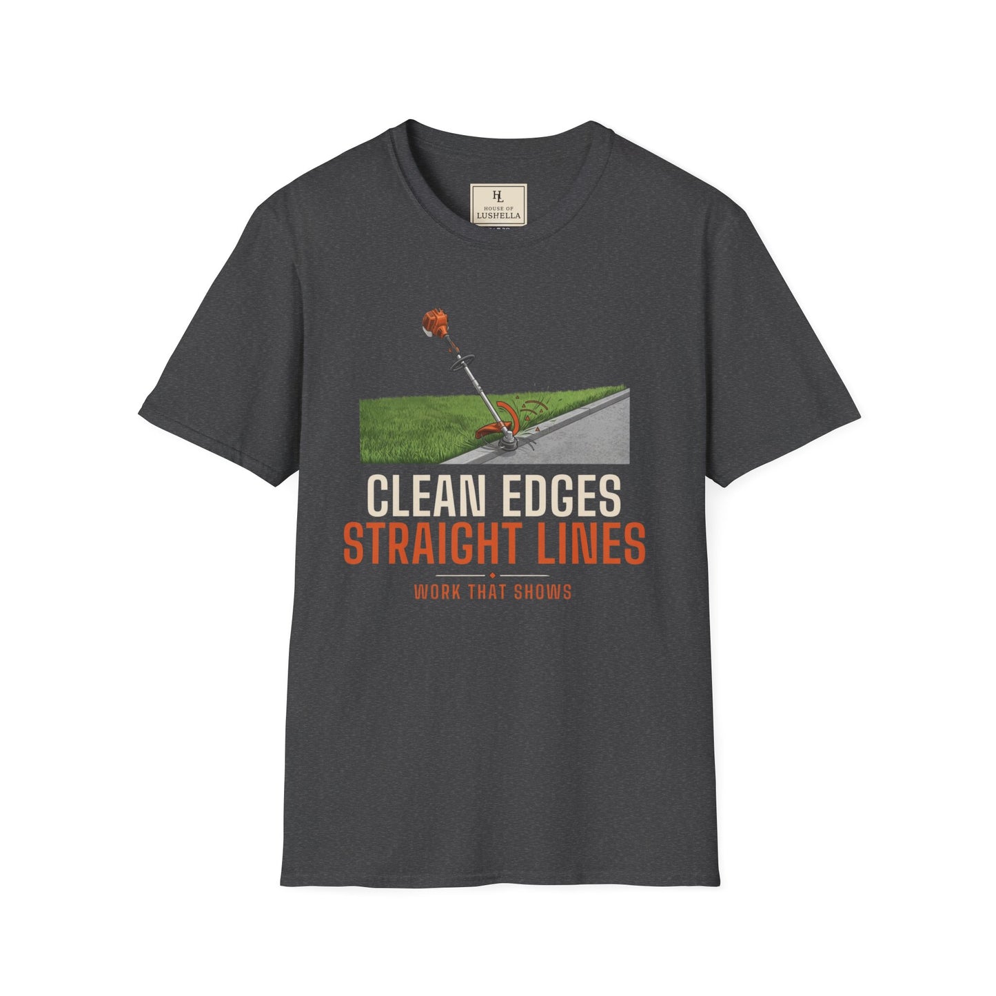 Clean Edges Straight Lines Lawn Care Shirt product mockup, view 3
