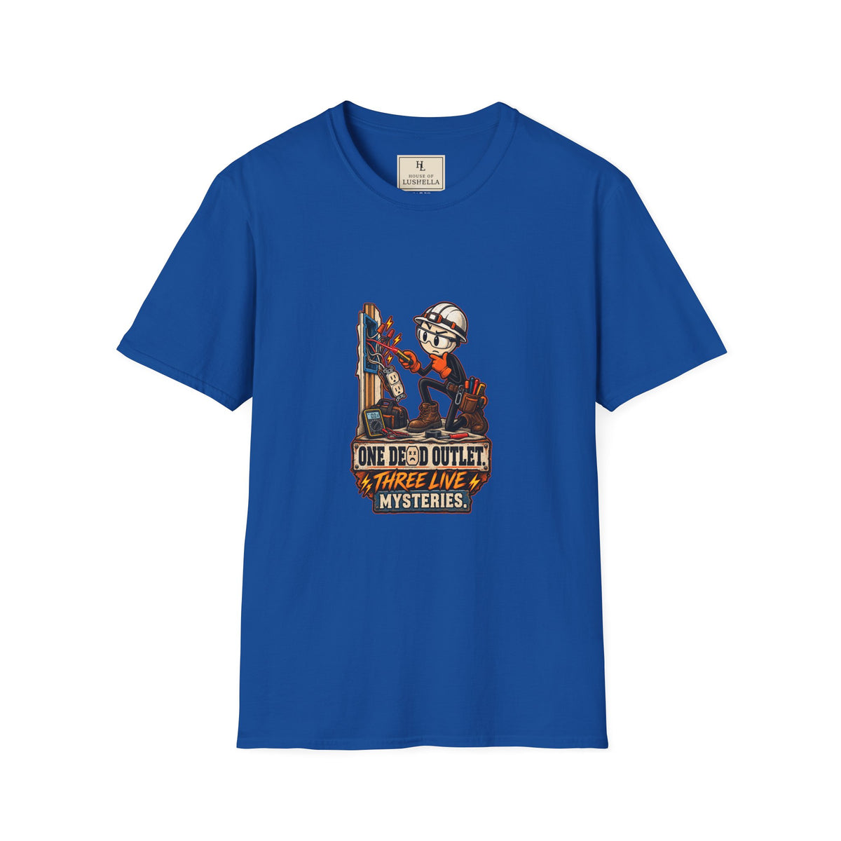 One Dead Outlet, Three Live Mysteries | Funny Electrician T-Shirt product mockup
