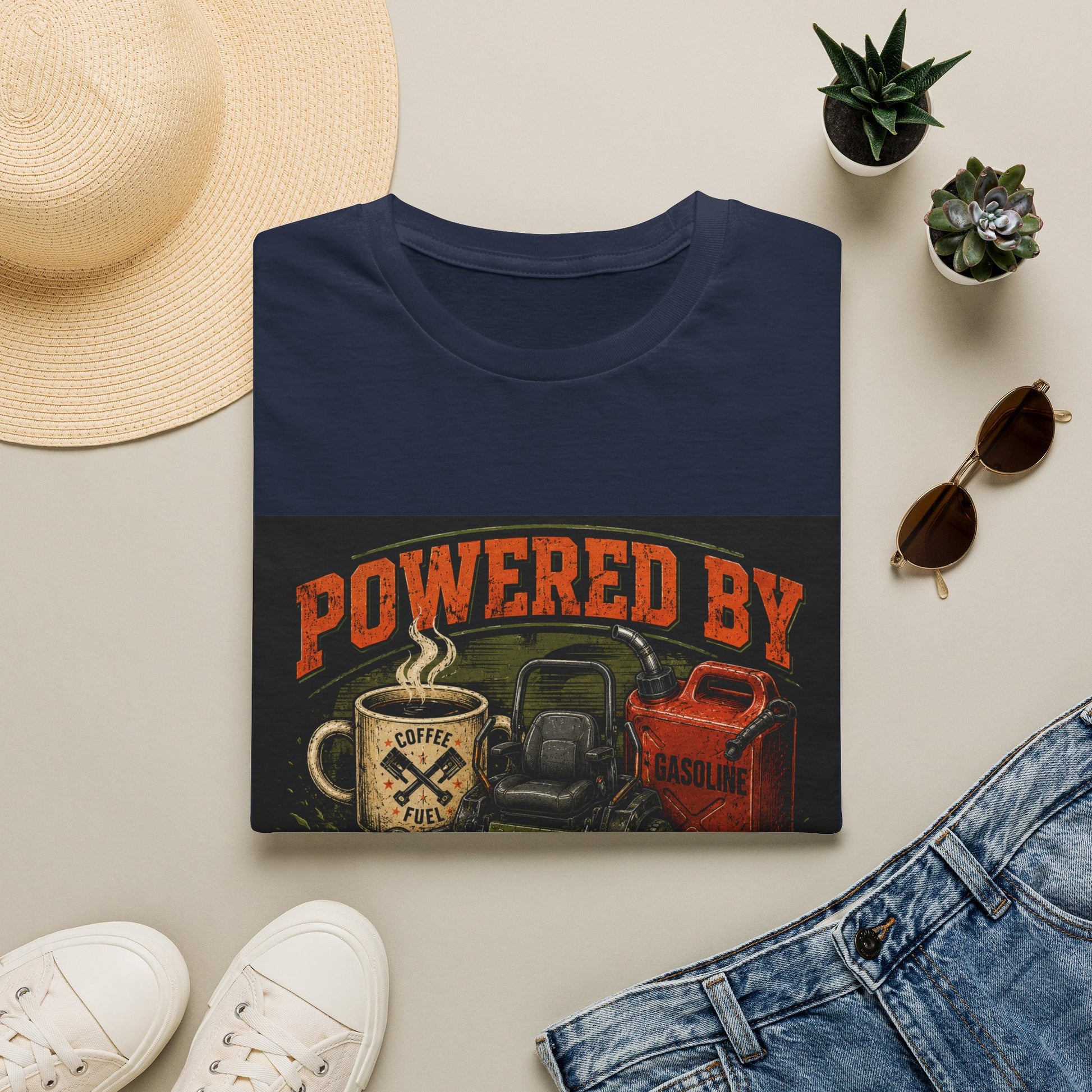 Powered by Caffeine and Gasoline Lawn Care Shirt product mockup, view 15