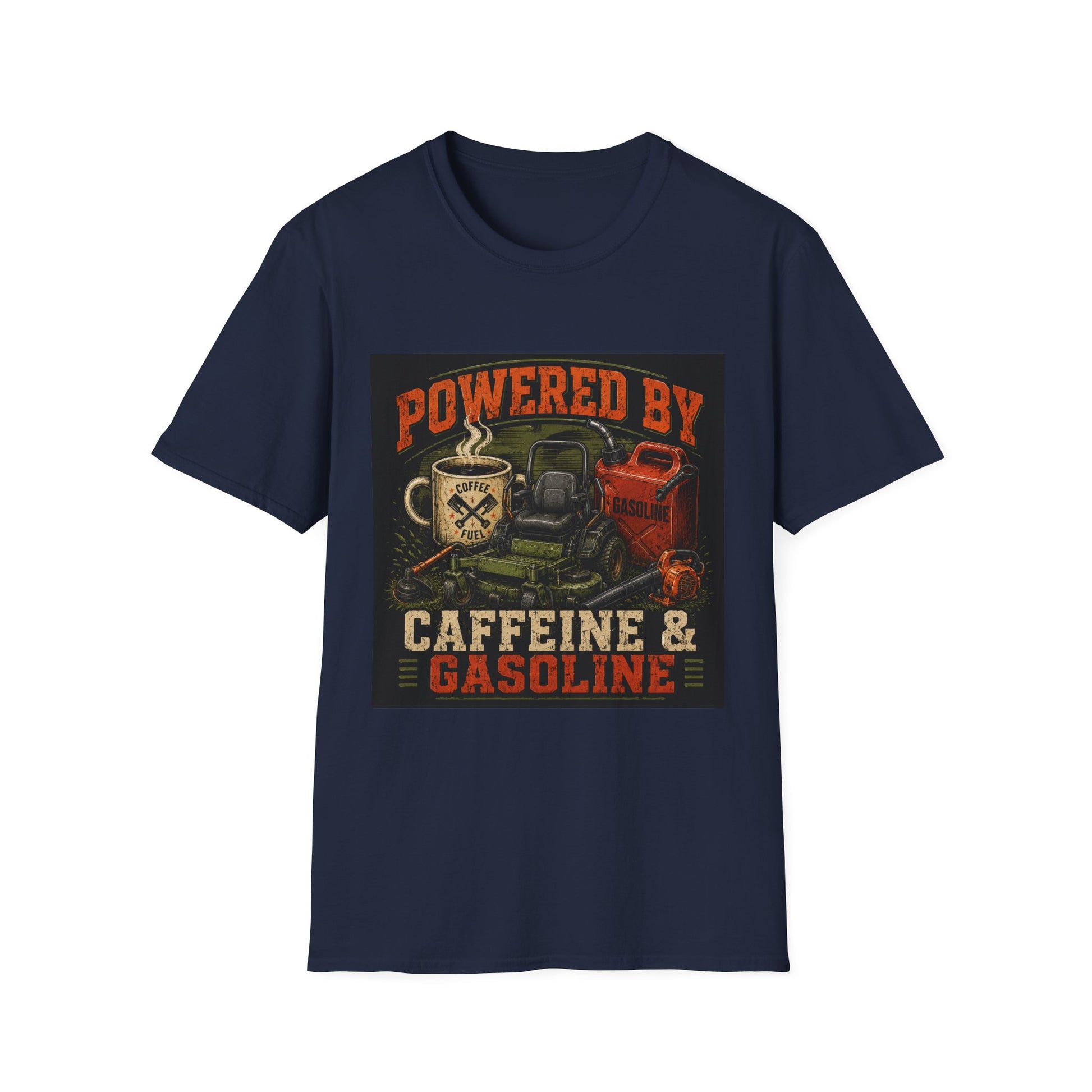 Powered by Caffeine and Gasoline Lawn Care Shirt product mockup, view 5