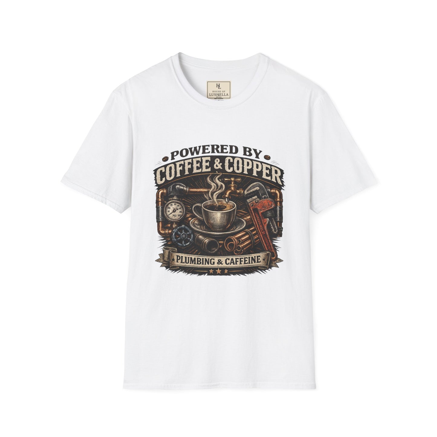 Powered by Coffee and Copper Plumber Shirt product mockup, view 1
