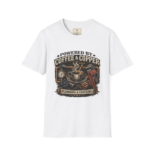 Powered by Coffee and Copper Plumber Shirt product mockup, view 1