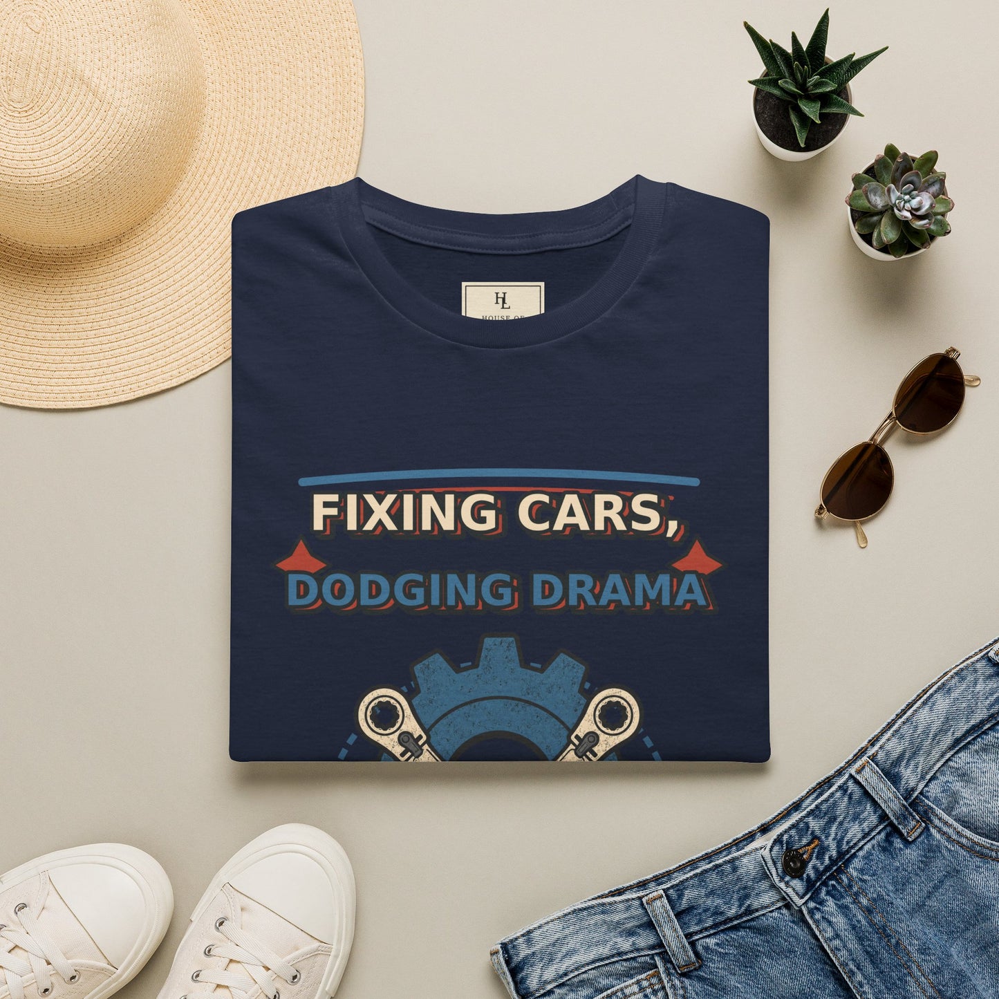 Fixing Cars Dodging Drama Mechanic Shirt product mockup, view 18