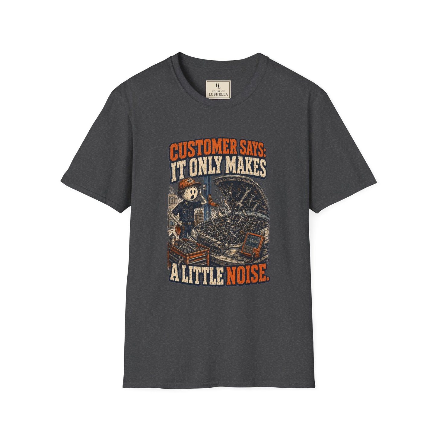 It Only Makes a Little Noise Mechanic Shirt on a Dark Heather T-shirt — House of Lushella