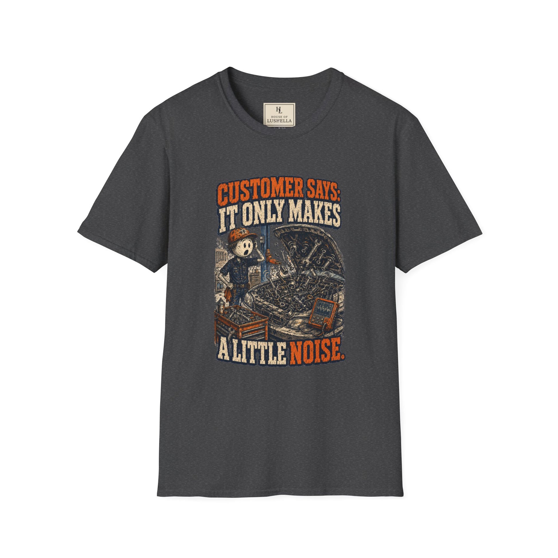 It Only Makes a Little Noise Mechanic Shirt on a Dark Heather T-shirt — House of Lushella