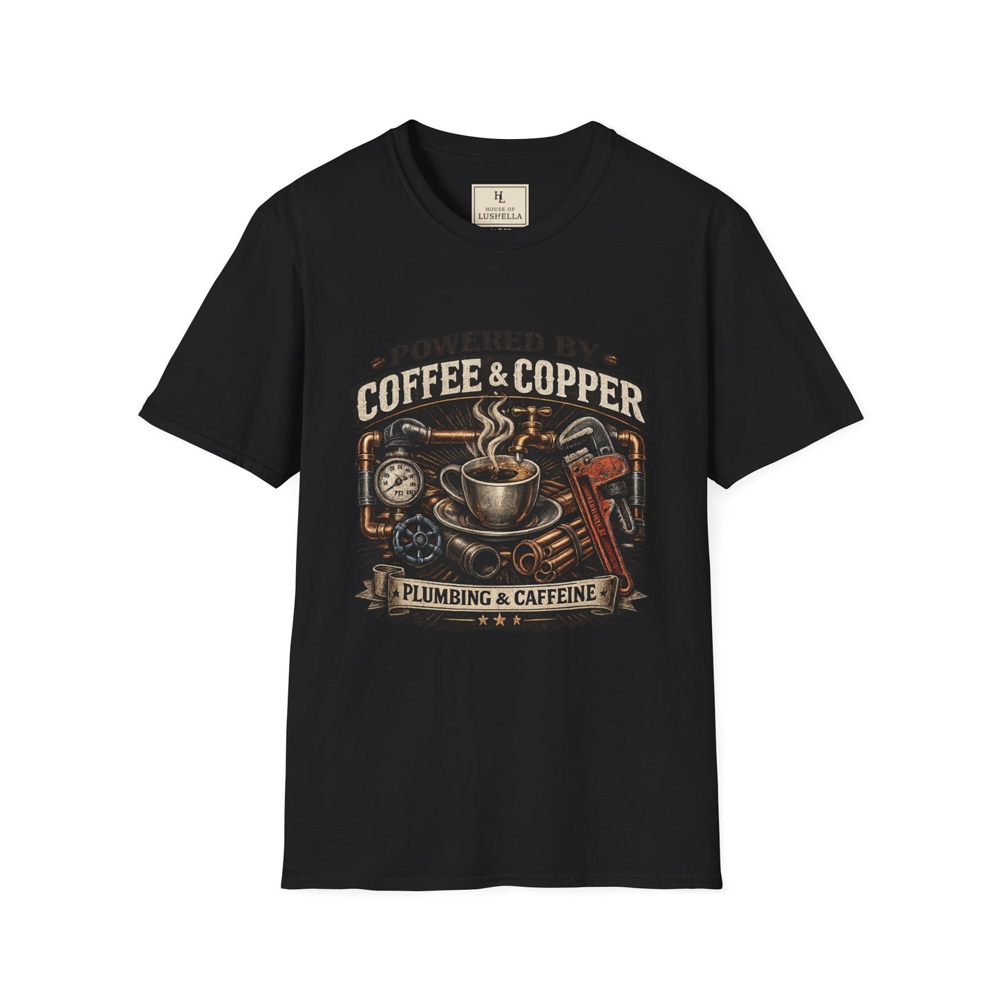 Powered by Coffee and Copper Plumber Shirt product mockup, view 2