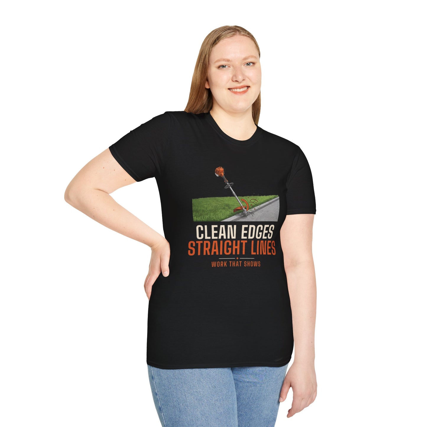 Clean Edges Straight Lines Lawn Care Shirt product mockup, view 6