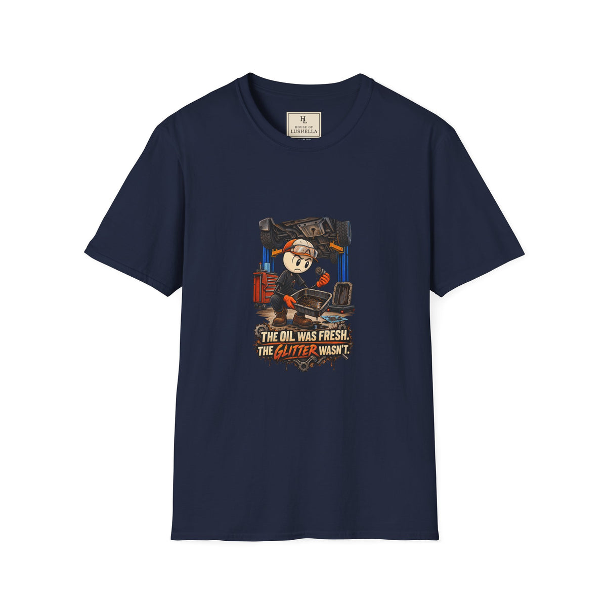 Fresh Oil, Unexpected Glitter | Funny Mechanic T-Shirt product mockup