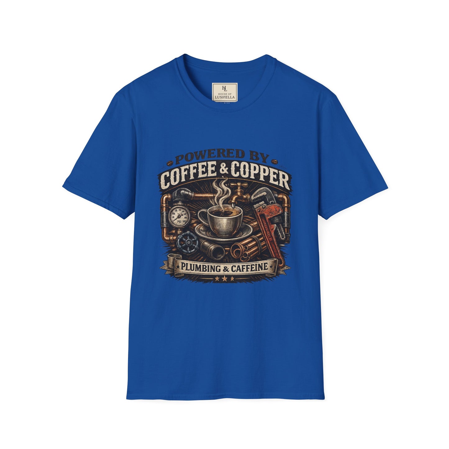 Powered by Coffee and Copper Plumber Shirt product mockup, view 4