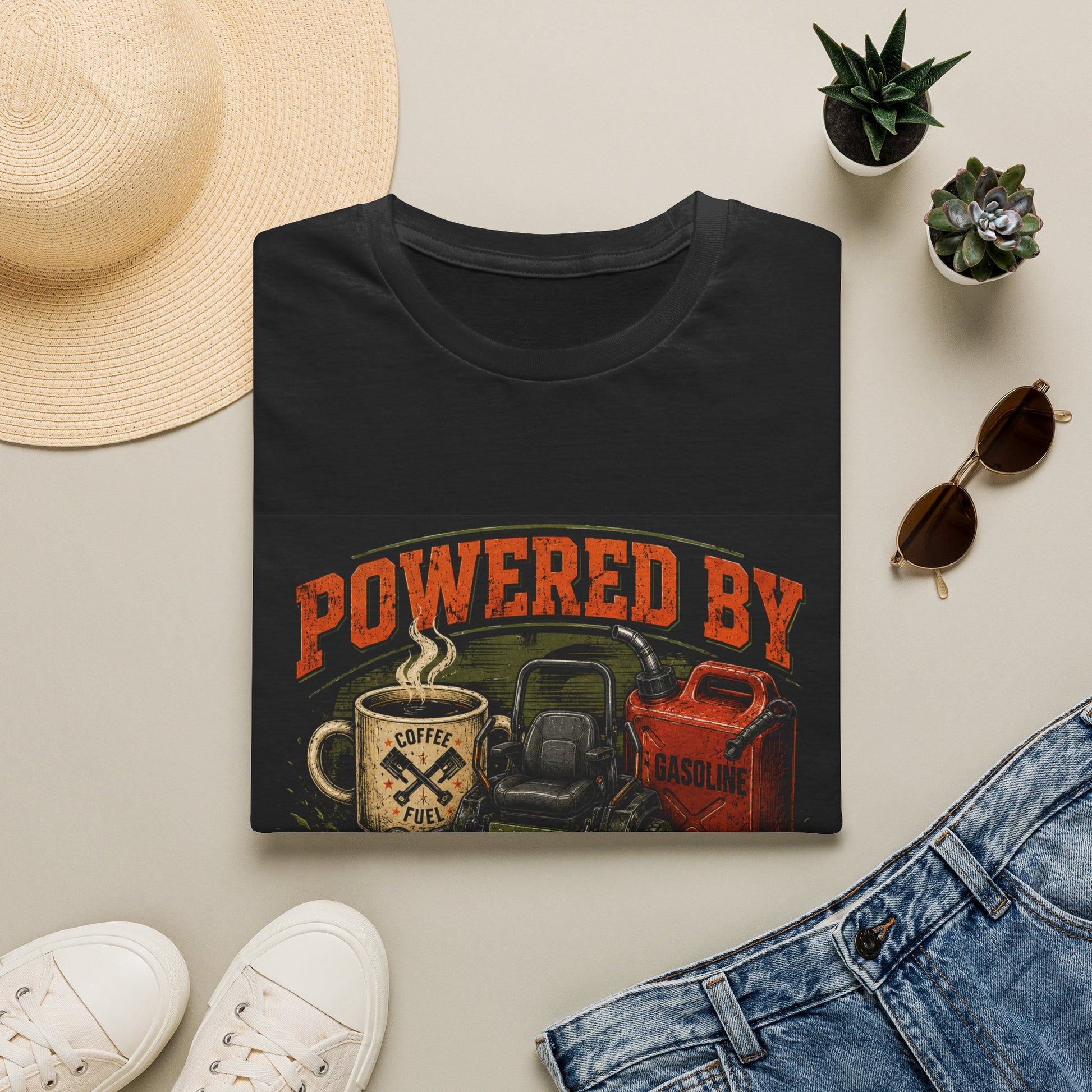Powered by Caffeine and Gasoline Lawn Care Shirt product mockup, view 9
