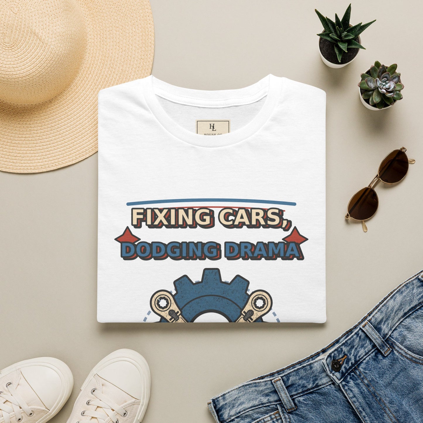 Fixing Cars Dodging Drama Mechanic Shirt product mockup, view 6
