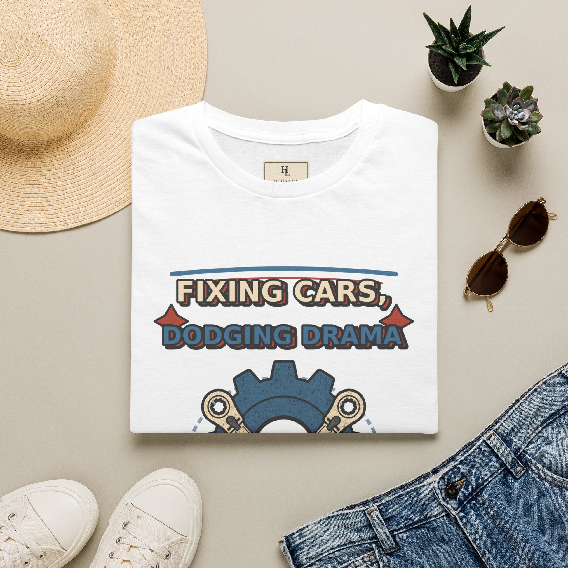 Fixing Cars Dodging Drama Mechanic Shirt product mockup, view 6