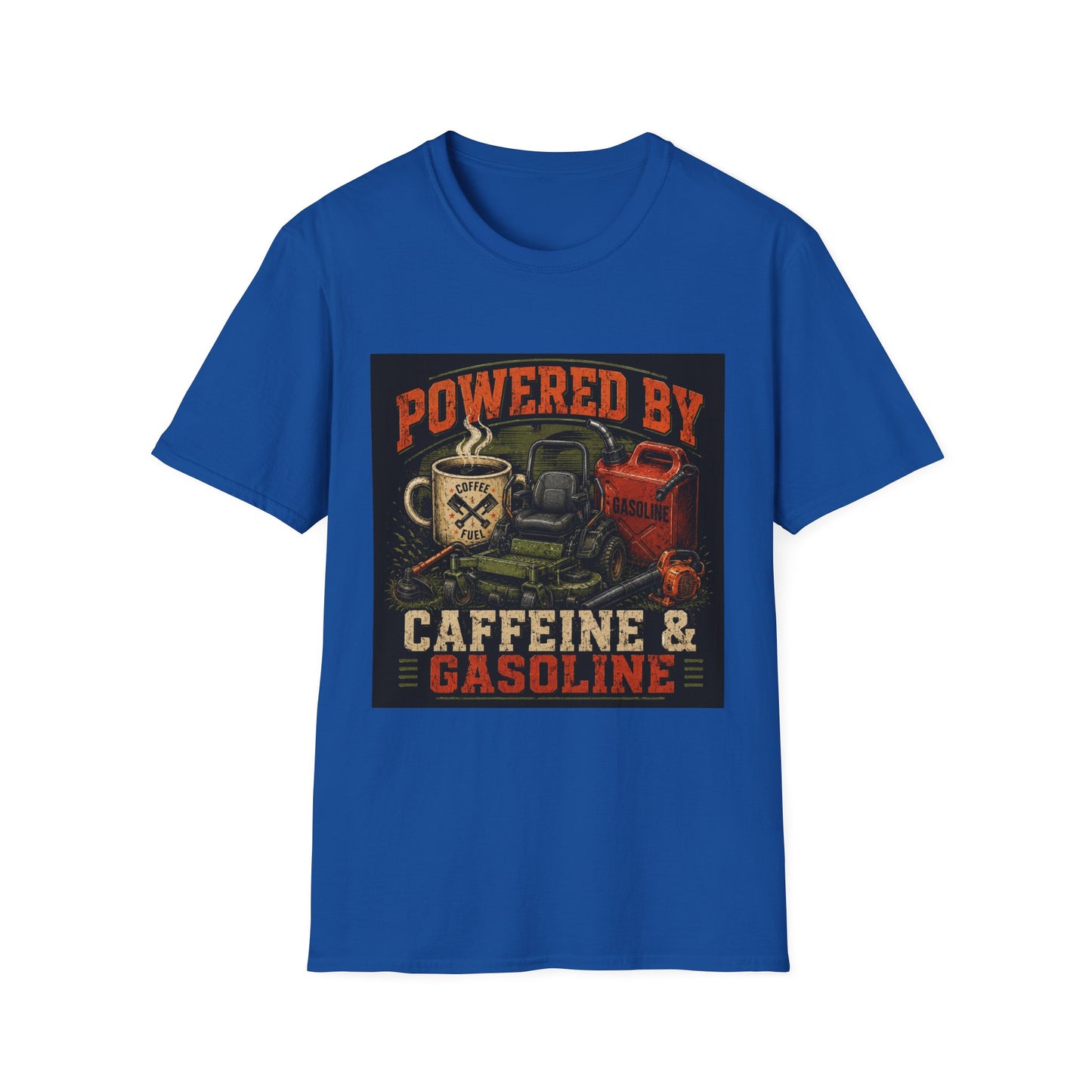 Powered by Caffeine and Gasoline Lawn Care Shirt product mockup, view 4
