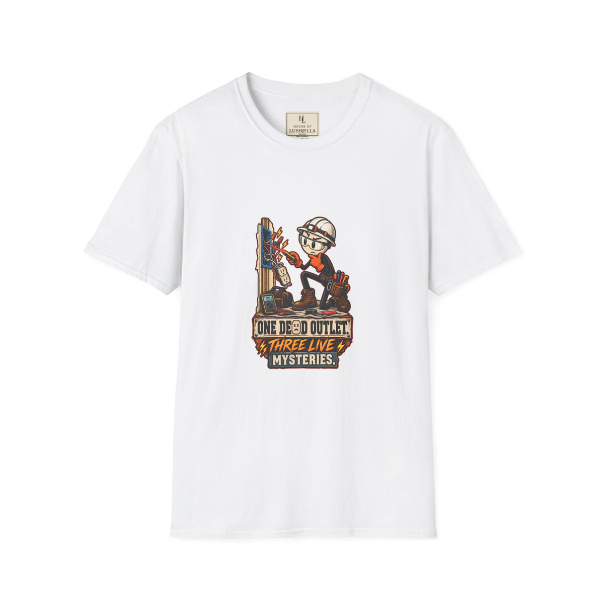 One Dead Outlet, Three Live Mysteries | Funny Electrician T-Shirt product mockup