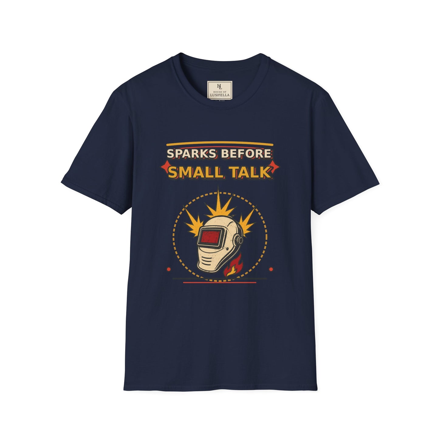 Sparks Before Small Talk Welder Shirt product mockup, view 4
