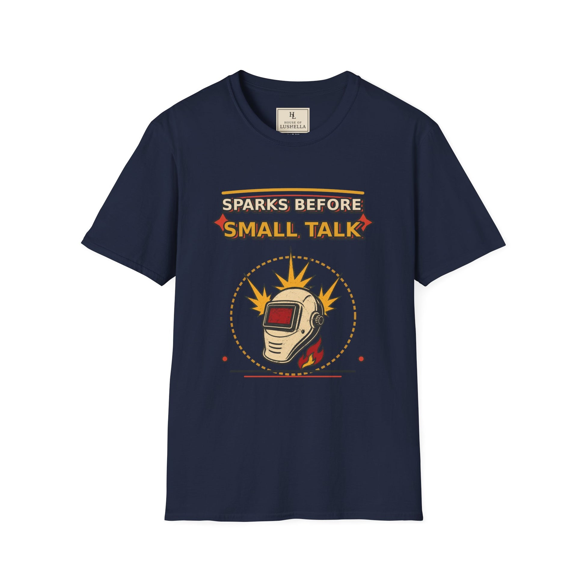 Sparks Before Small Talk Welder Shirt product mockup, view 4