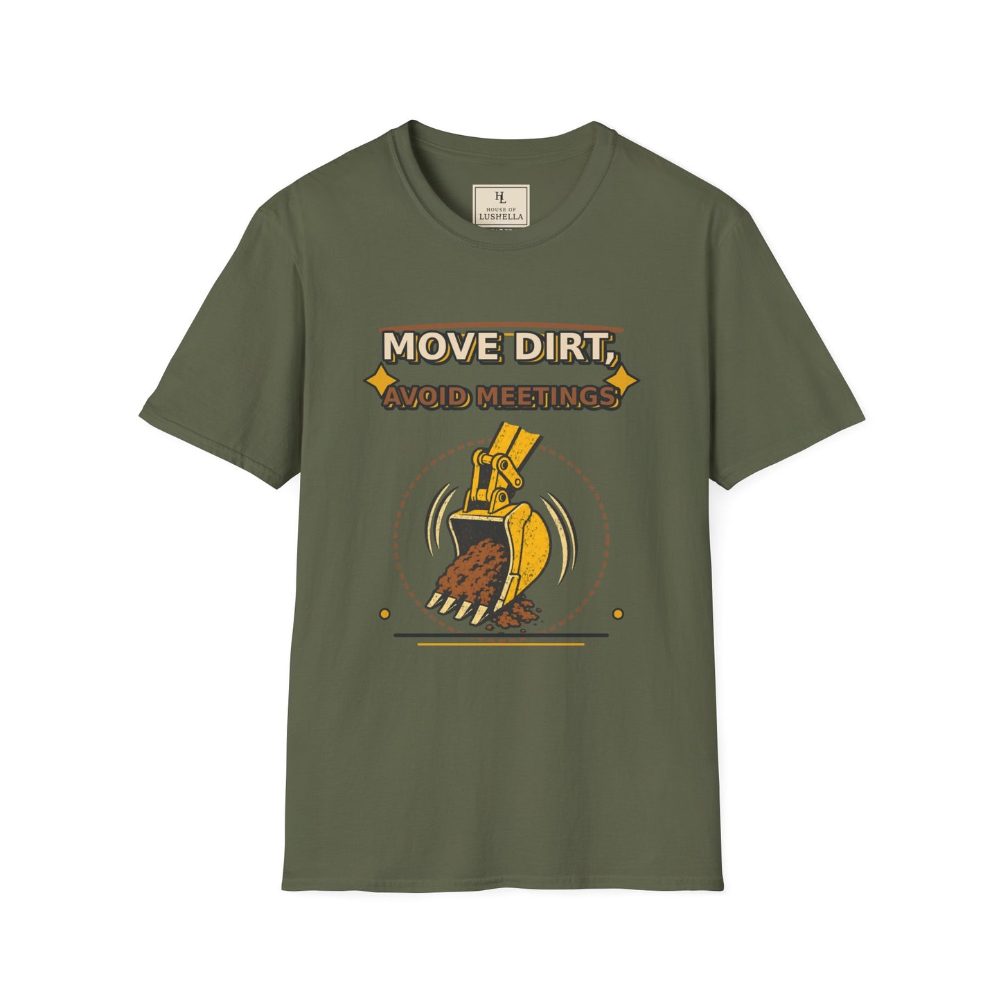 Move Dirt Avoid Meetings Excavator Shirt product mockup, view 3