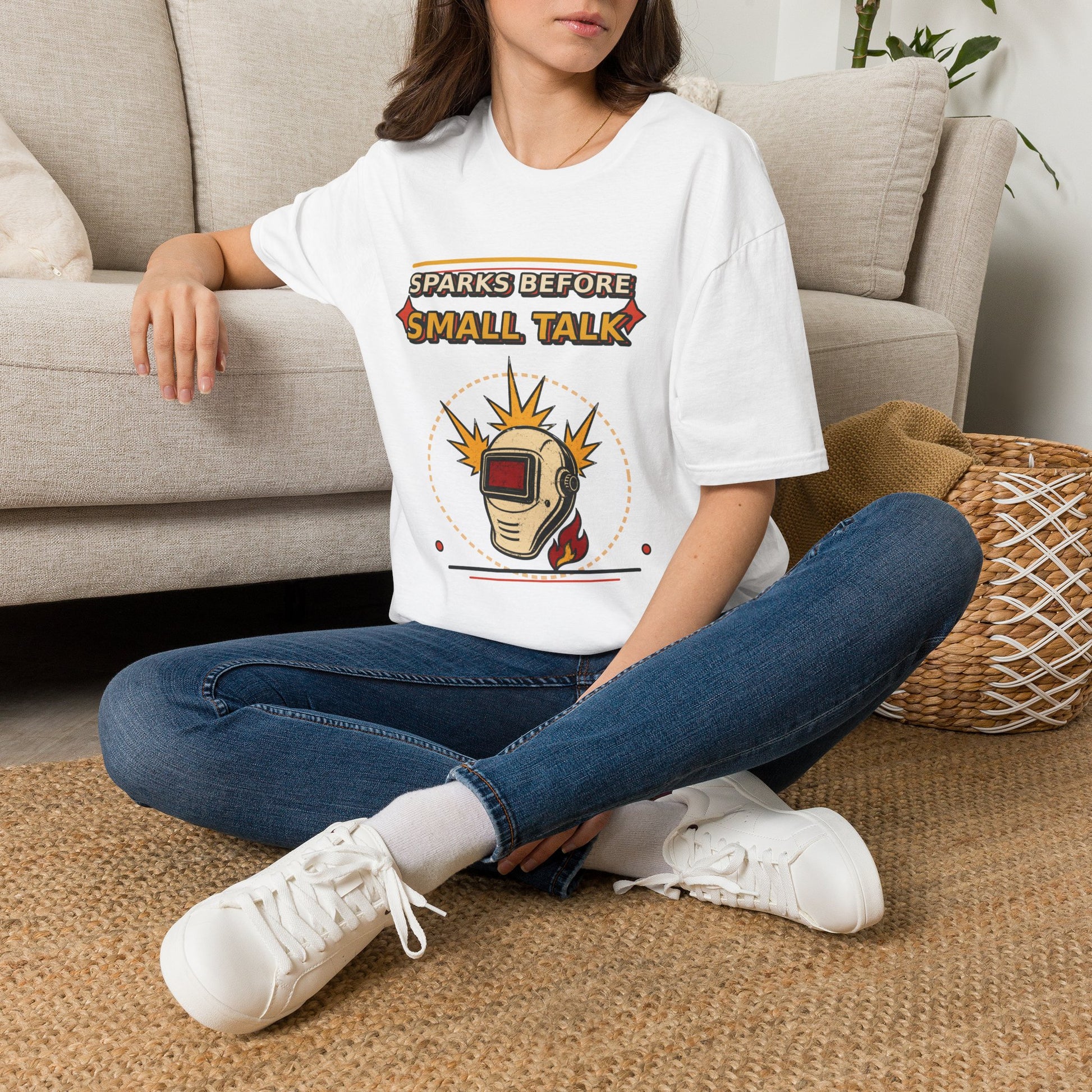 Sparks Before Small Talk Welder Shirt product mockup, view 7