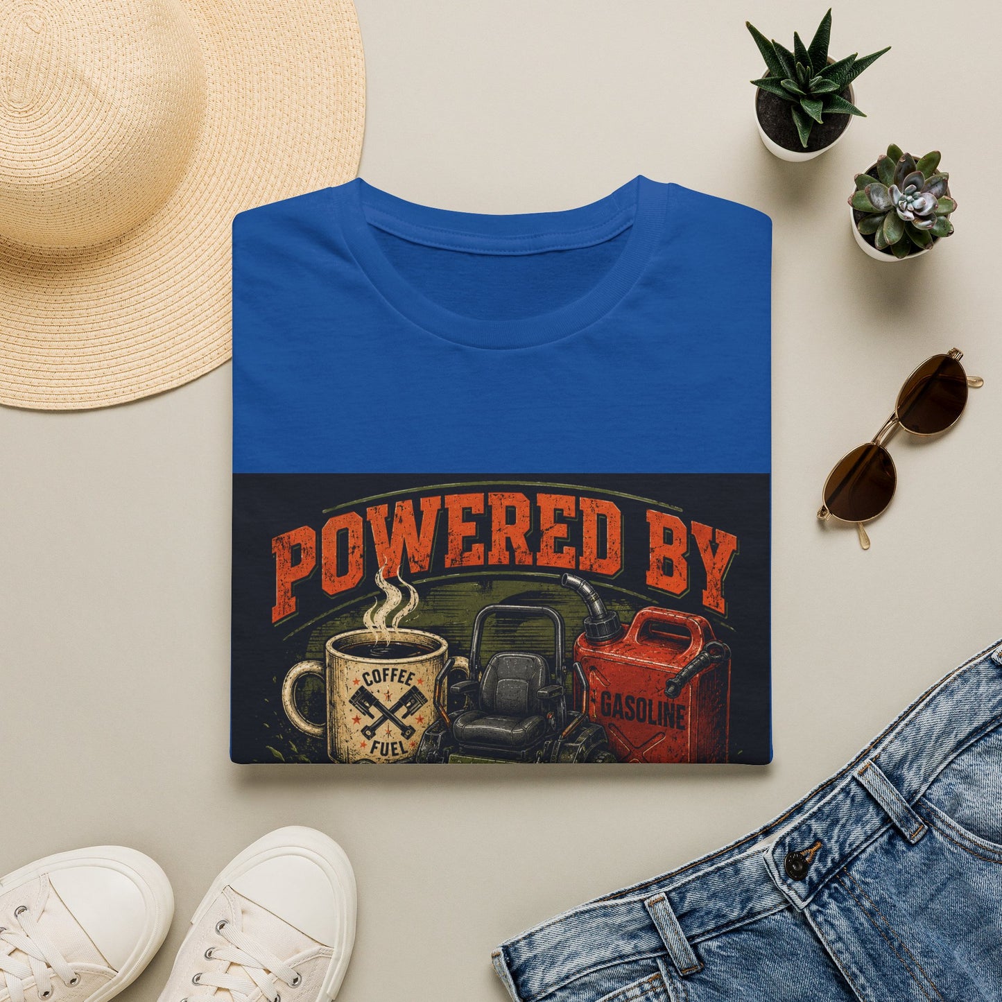 Powered by Caffeine and Gasoline Lawn Care Shirt product mockup, view 13
