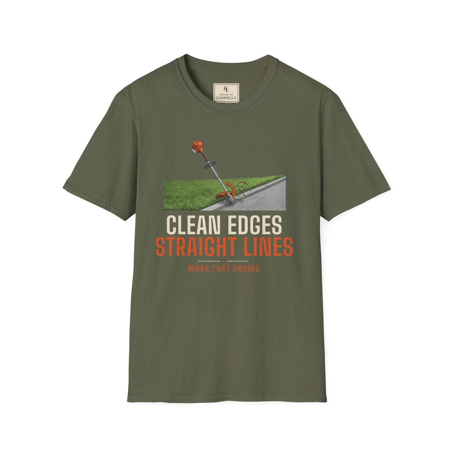 Clean Edges Straight Lines Lawn Care Shirt product mockup, view 2
