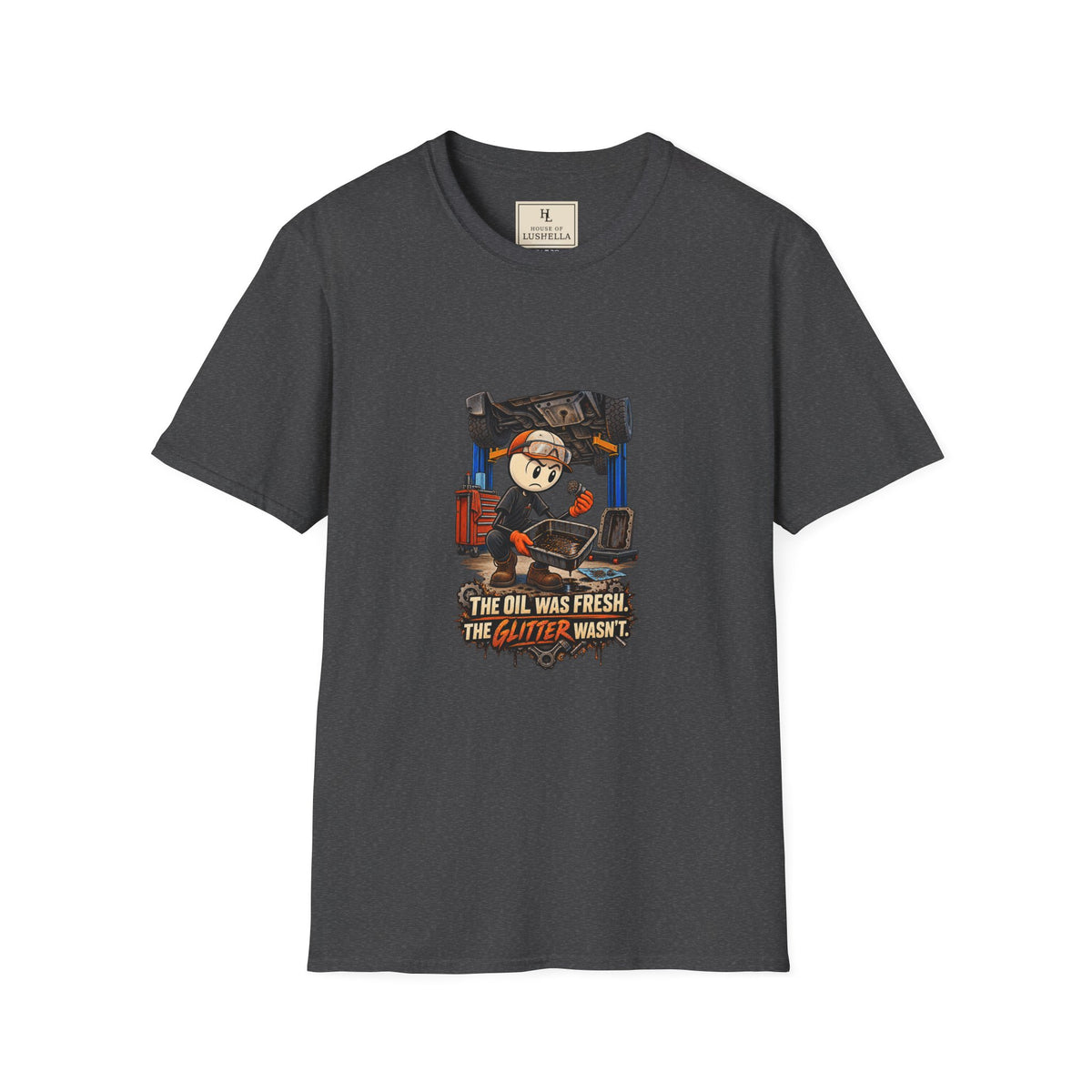 Fresh Oil, Unexpected Glitter | Funny Mechanic T-Shirt product mockup