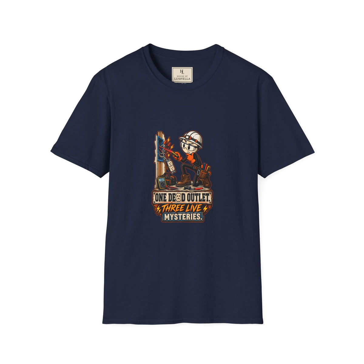 One Dead Outlet, Three Live Mysteries | Funny Electrician T-Shirt product mockup