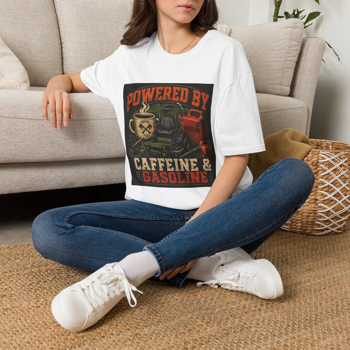 Powered by Caffeine and Gasoline Lawn Care Shirt product mockup, view 6