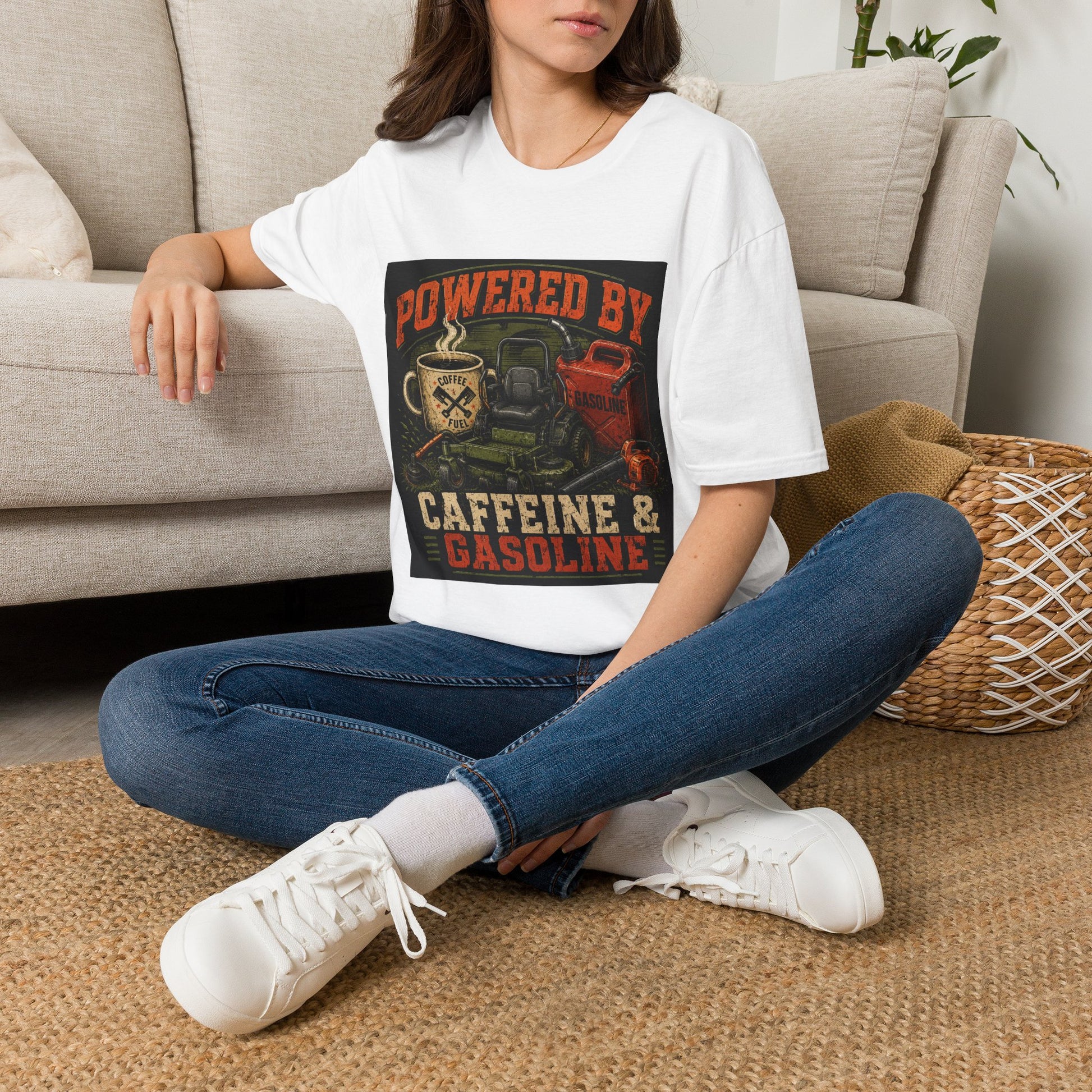 Powered by Caffeine and Gasoline Lawn Care Shirt product mockup, view 6