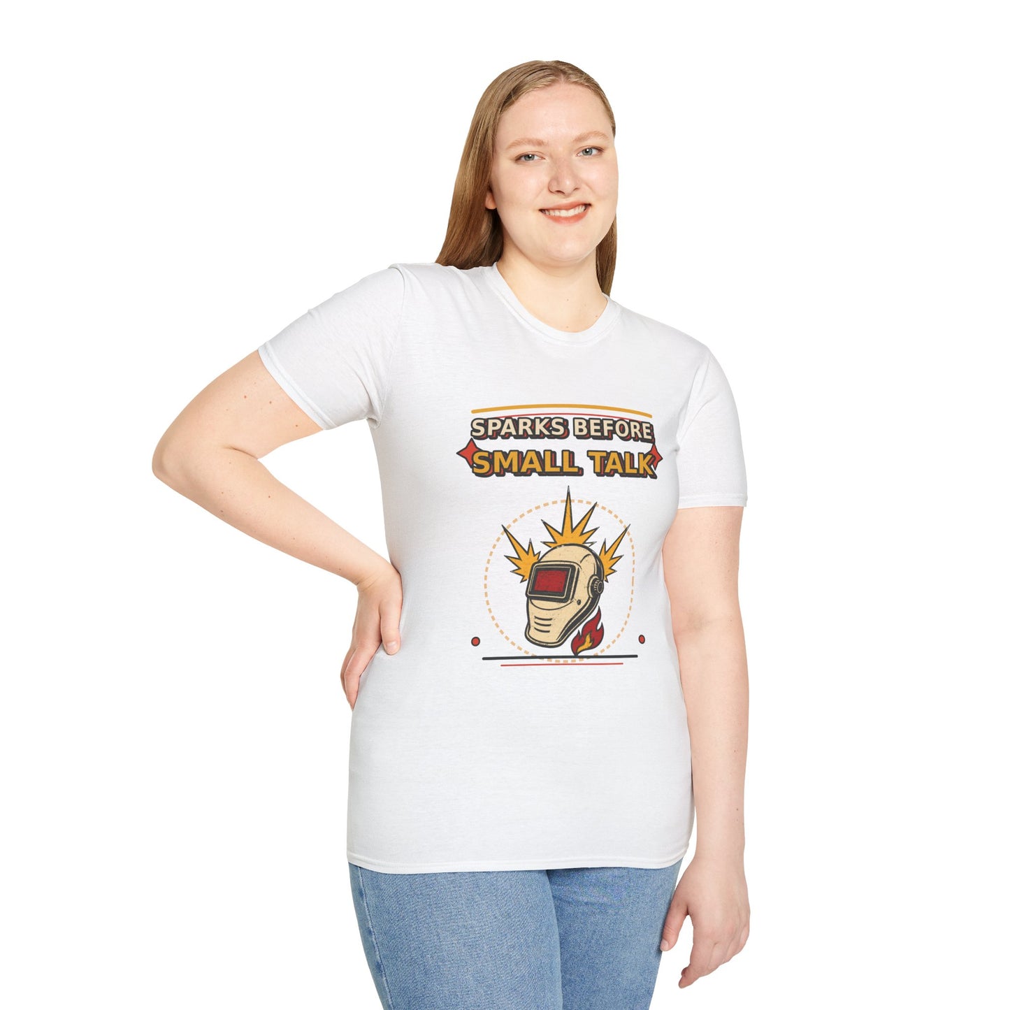 Sparks Before Small Talk Welder Shirt product mockup, view 8