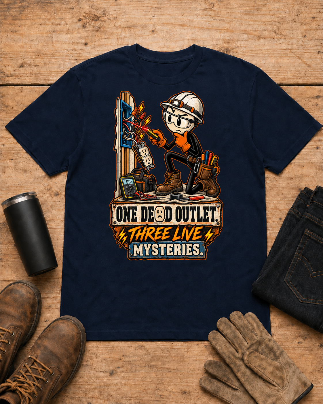 One Dead Outlet electrician shirt - Navy universal workbench flat-lay