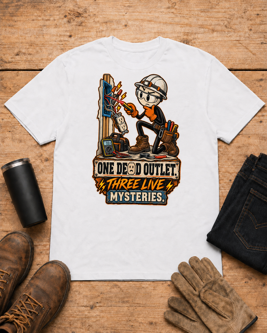 One Dead Outlet electrician shirt - White universal workbench flat-lay