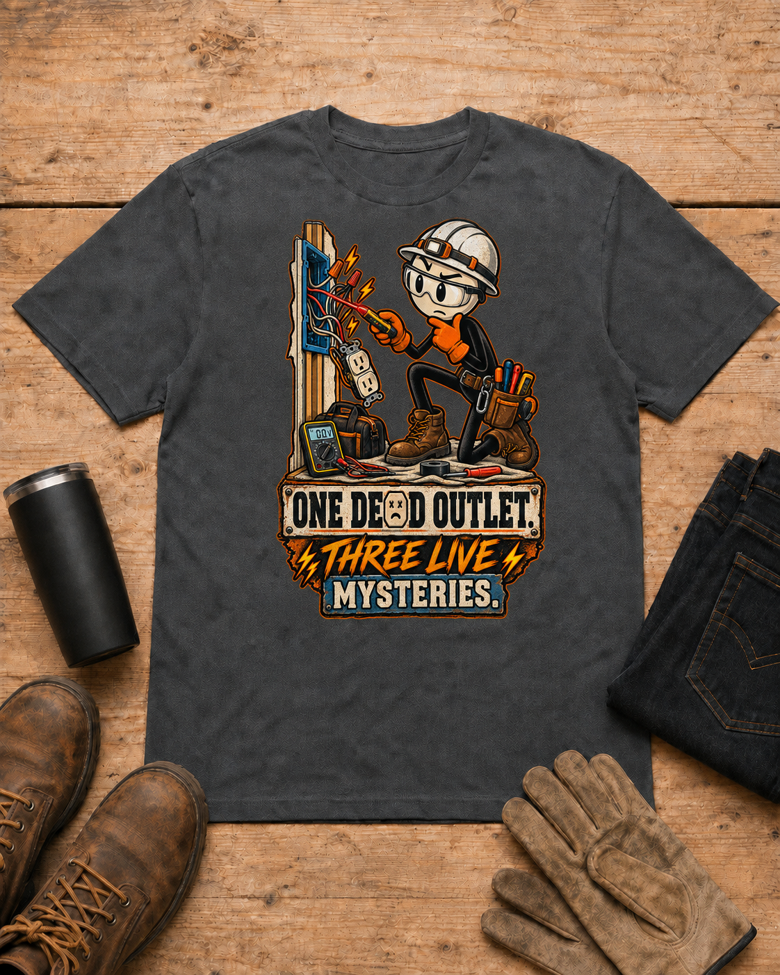 One Dead Outlet electrician shirt - Dark Heather universal workbench flat-lay