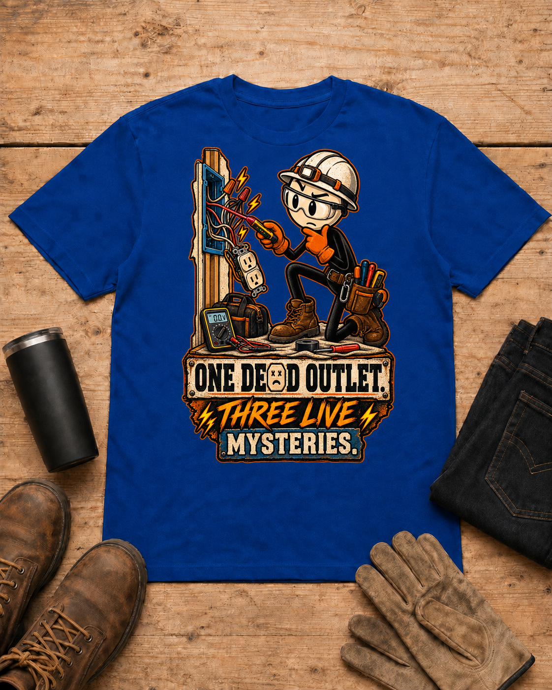 One Dead Outlet electrician shirt - Royal Blue universal workbench flat-lay