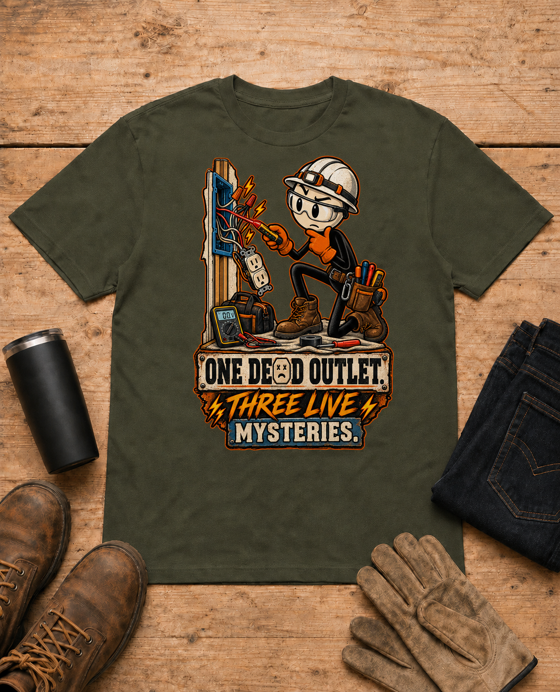 One Dead Outlet electrician shirt - Military Green universal workbench flat-lay