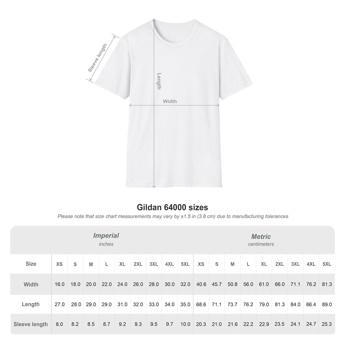 House of Lushella Gildan 64000 unisex T-shirt size chart XS through 5XL