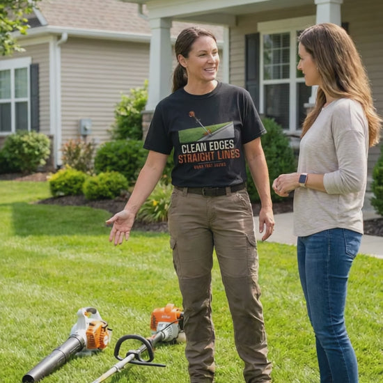 Lawn-care professional wearing the Clean Edges Straight Lines shirt while talking with a homeowner beside a freshly edged lawn.