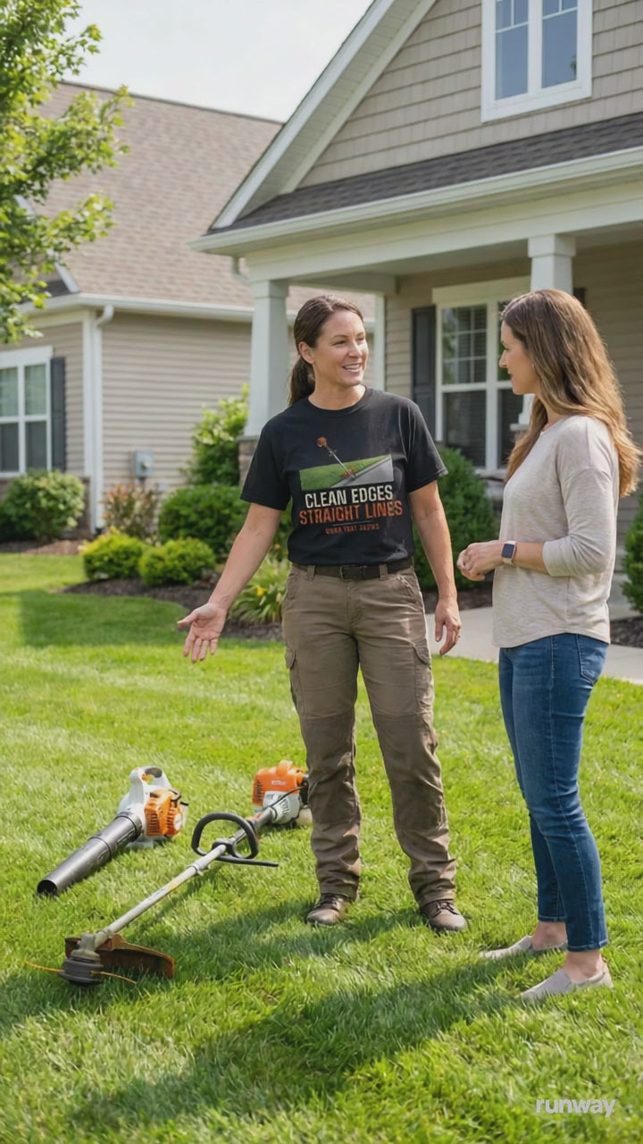 Lawn-care professional wearing the Clean Edges Straight Lines shirt while talking with a homeowner beside a freshly edged lawn.